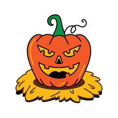 A cartoon illustration of a spooky Jack O Lantern. The orange pumpkin has a carved angry face with glowing yellow eyes, a jagged smile, and a green stem, sitting on a pile of hay.