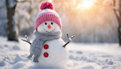 Obraz premium Snowman in Pink Knitted Hat and Gray Scarf in Snowy Landscape with Sunlight Winter Concept.
