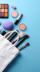A vibrant assortment of makeup essentials spills from a white bag onto a bright blue background, featuring brushes, eyeshadow palettes, lipsticks, and sponges.
