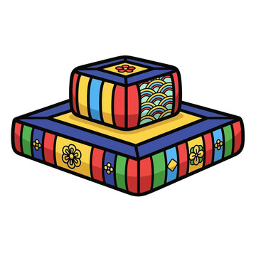 Colorful, traditional korean zabuton and cushion set, featuring vibrant stripes and floral patterns, isolated on