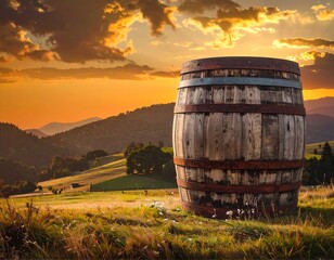Obraz premium Rustic wooden barrel at golden hour landscape
