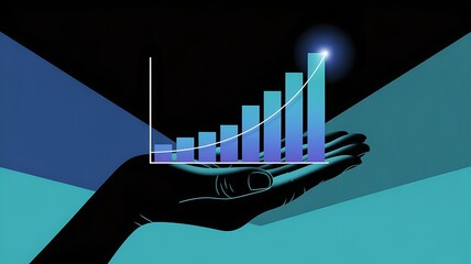 Digital graphic depicting a rising bar graph supported by a silhouetted hand on a vibrant background.