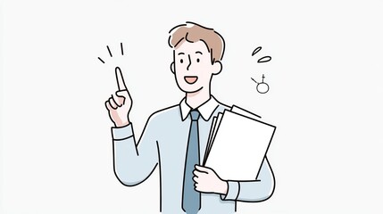 A cheerful man in a suit holds documents and points upward, suggesting an idea or solution.