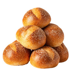 Stack of golden brown bread rolls with sesame seeds isolated on transparent background