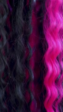 Vertical 4K video. Black, pink magenta, purple curls and hair for african braids close up. Professional hairdresser is doing hairstyle. Concept of beauty industry, job, work, haircut, lgbt, service