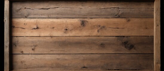 Fototapeta premium Closeup of weathered wooden panel with horizontal planks in warm earthy tones, showcasing visible cracks and knots.