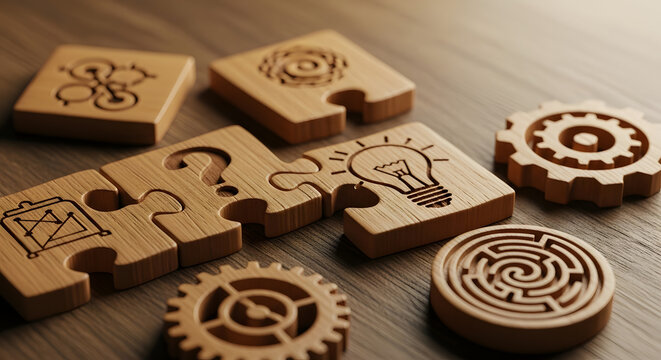 Close-up of detailed wooden puzzle parts on surface, realistic textures and symbolic meaning