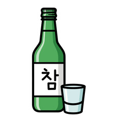 Green bottle soju with shot glass