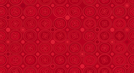 A vibrant red seamless pattern featuring intricate circular motifs and smaller dots, creating a decorative and traditional background.