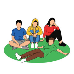 Diverse group young people sitting casually on the grass, enjoying relaxed outdoor gathering, depicted in simple, modern style with clean lines and flat colors