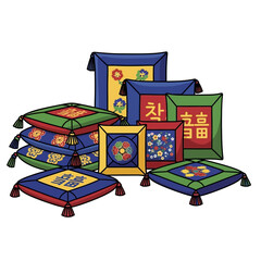 Collection colorful korean traditional cushions with intricate patterns and tassels, isolated on