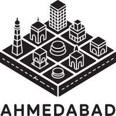 Ahmedabad city skyline isometric icon vector illustration with prominent landmarks architecture