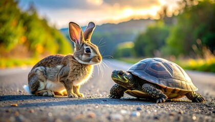 A brown rabbit and a turtle face each other on a paved road, sunlight filters down creating an illuminating scene