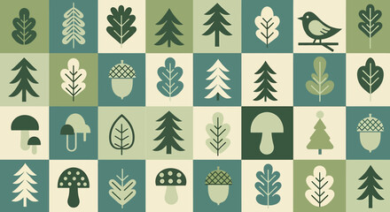 A geometric pattern of forest elements including trees, leaves, mushrooms, and a bird in a muted green color palette. © Sultan Desain