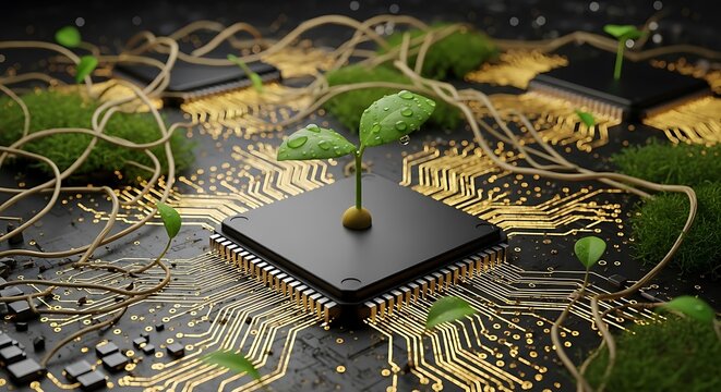 Sprout growing on computer chip, symbolizing green technology and sustainability