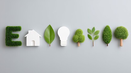 Green Eco Symbol with Leaf Icons and Sustainability Concept on Gray Background