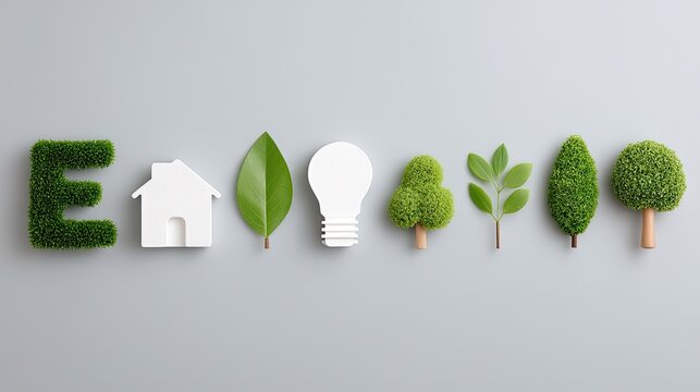 Green Eco Symbol with Leaf Icons and Sustainability Concept on Gray Background