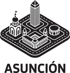 Fototapeta premium Asunción Isometric Cityscape Map with Iconic Buildings and Road Layout Black Grey