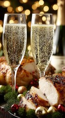 Festive holiday table with roasted turkey, champagne glasses, cookies, candles and golden light creating a warm celebratory mood.