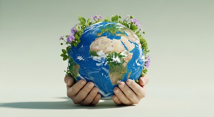 Hands holding planet earth with flowers, concept of environmental protection