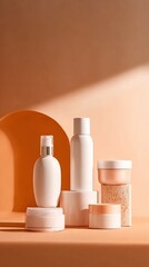 A minimalist arrangement of white cosmetic bottles and jars against a warm, softly lit background with geometric shadows.