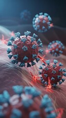 Microscopic virus particles red blue rendering detailed
