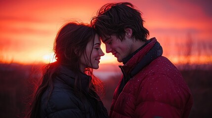 Romantic couple hugging during a fiery sunset