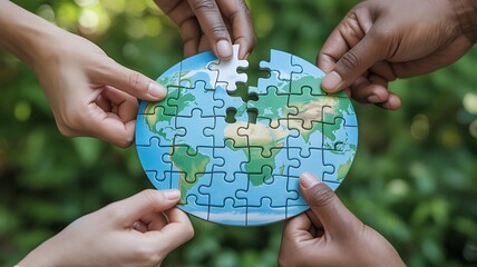 Diverse hands assembling a globe puzzle symbolizing global unity and environmental awareness in nature