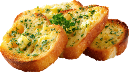 Delicious garlic bread slices with herbs isolated on transparent background