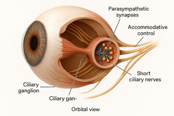 Anatomical illustration of the human eye's ciliary ganglion and parasympathetic innervation, showcasing orbital view.