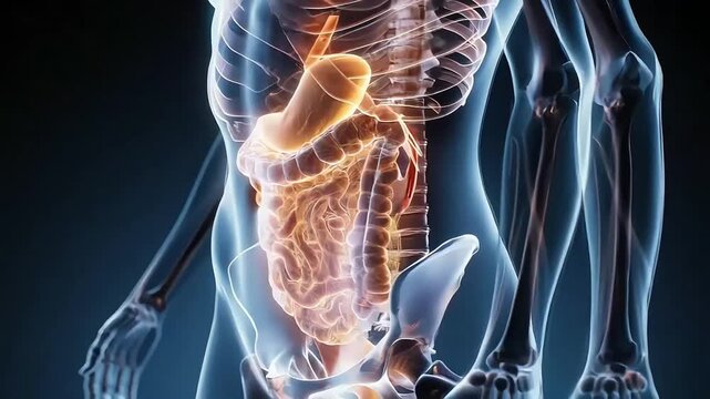 3D animation of human stomach and intestines glowing orange within transparent skeleton, digestive system.