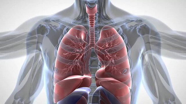 3D animation of human lungs and internal organs within transparent body outline, detailed anatomy.