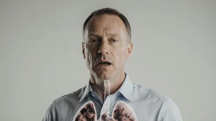Serious senior man with digital overlay showing severely diseased lungs, warning about lung health risks.
