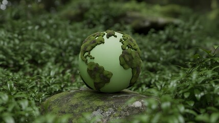 Earth globe with continents covered in green moss and foliage symbolizing environmental conservation and sustainability.