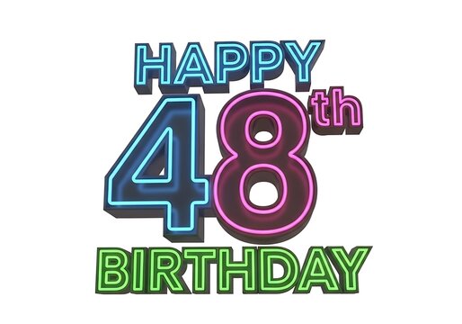 Bright 3D Neon Happy 48th Birthday Text in Blue, Pink, and Green on White Background