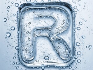 A close-up of a water-filled rectangular container with the letter 'R' prominently displayed, surrounded by bubbles and droplets on a light blue background.