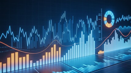 Financial data visualizations showing stock market trends and business growth statistics on a digital display