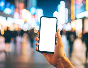 Hand holding phone at night in city