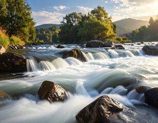 Serene river cascade flowing over smooth stones