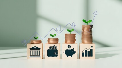 Financial growth concept illustrating investment savings and economic progression with growing coins and plants