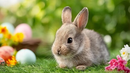 A fluffy brown bunny rests on vibrant green grass surrounded by colorful Easter eggs and blooming flowers, capturing a serene springtime scene.