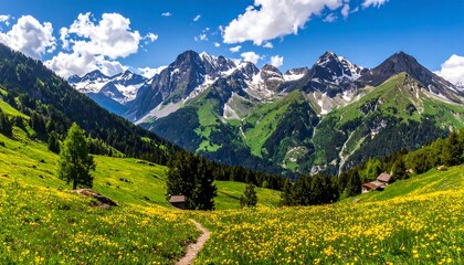 Obraz premium Alpine meadow trail under majestic mountains