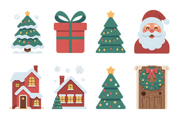 Festive christmas icons including santa claus trees gifts house and door for holiday season isolated on transparent background
