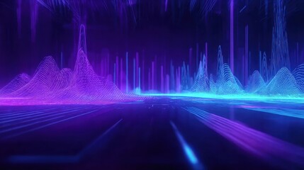 Digital technology abstract background with connected dots on 3D wave landscape, concept of AI artificial intelligence, big data, data science, digital world, virtual reality, cyberspace, metaverse. 