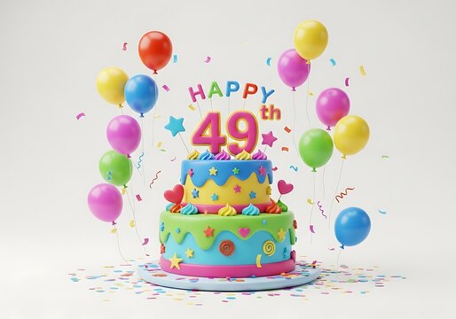 A vibrant two-tiered birthday cake with 'Happy 49th' on top, surrounded by colorful balloons, stars, and confetti on a white background, 3D render.
