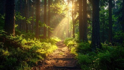 Sunlit Path Through a Lush Forest with Golden Rays and Greenery Under Blue Sky, Cinematic HDR Nature Photography with Ultra Sharp Texture