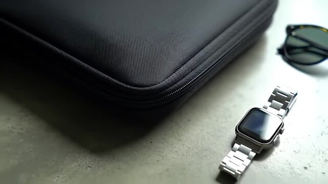 Elegant Silver Watch and Dark Sunglasses on Textured Surface with Black Case