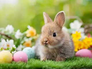 A fluffy brown bunny sits amidst colorful Easter eggs and vibrant spring flowers on a lush green lawn.