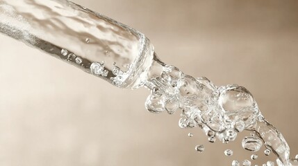 A close-up view of water being dispensed from a pipette, capturing the clarity and motion of liquid droplets and bubbles.