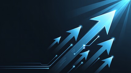 Futuristic digital growth concept showing upward arrows with illuminated rays representing expansion and technological advancement